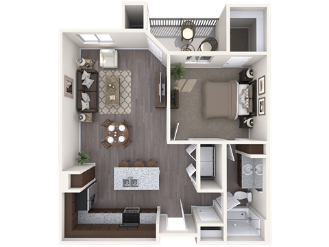 Floor plan for 1 bed, 1 bath, 734 sqft